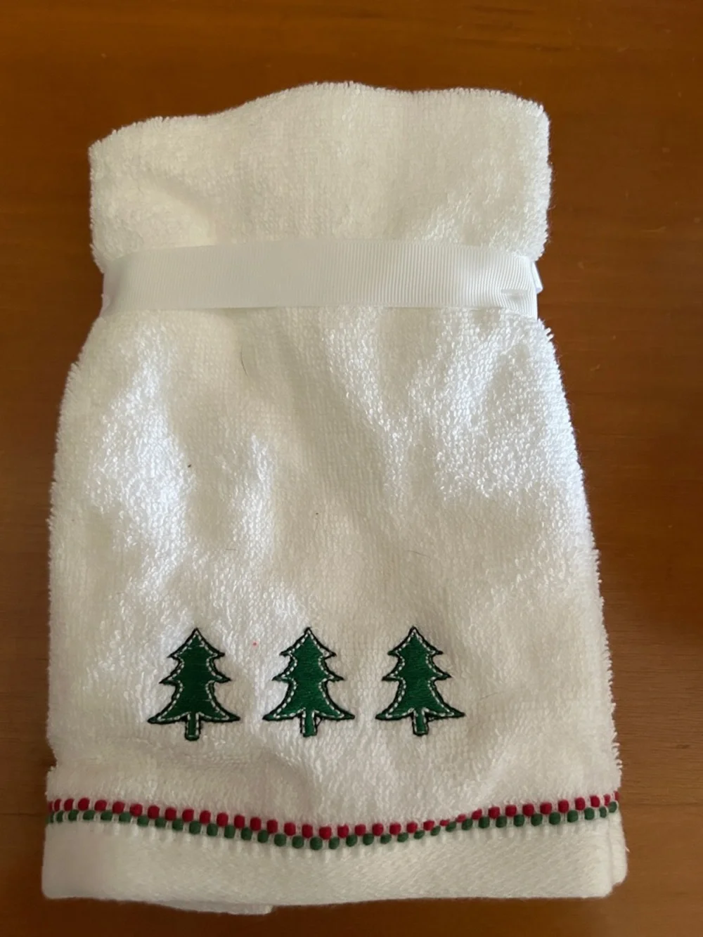 Jingles & Joy White Holiday Hand Towel with Green Tree Embroidery
